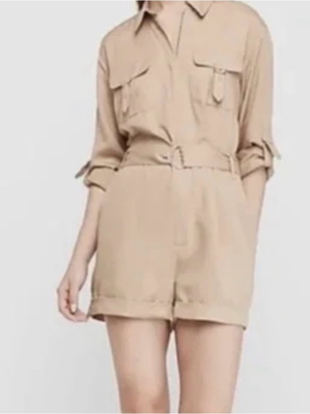 Express Beige Utility Short Sleeve Belted Romper - Picture 2 of 3